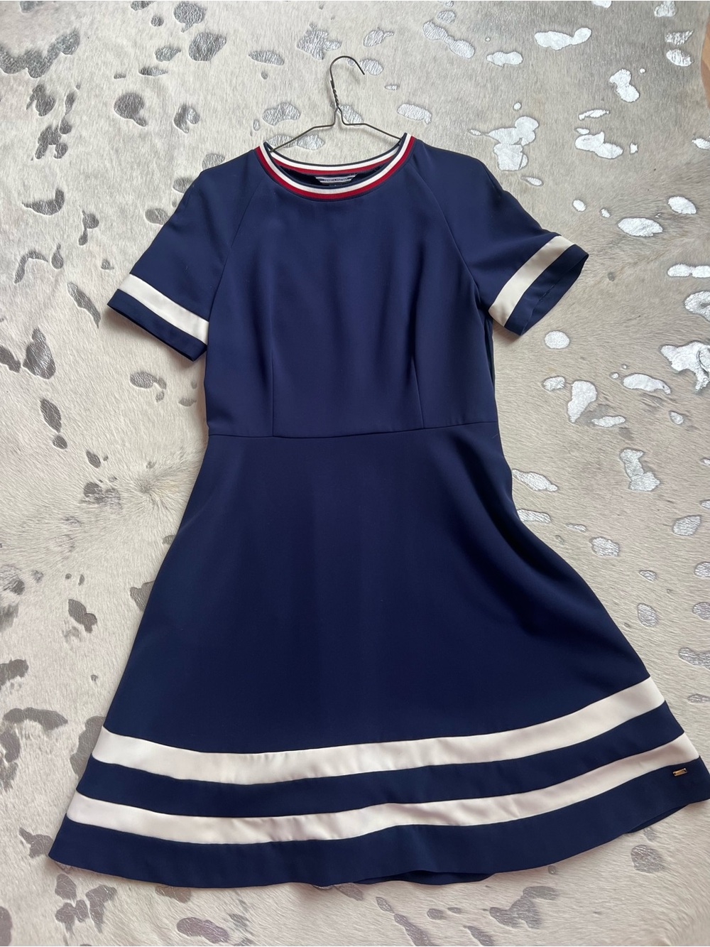 Tommy Hilfiger Navy A-Line Mini Dress with White Trim and Red Neckband